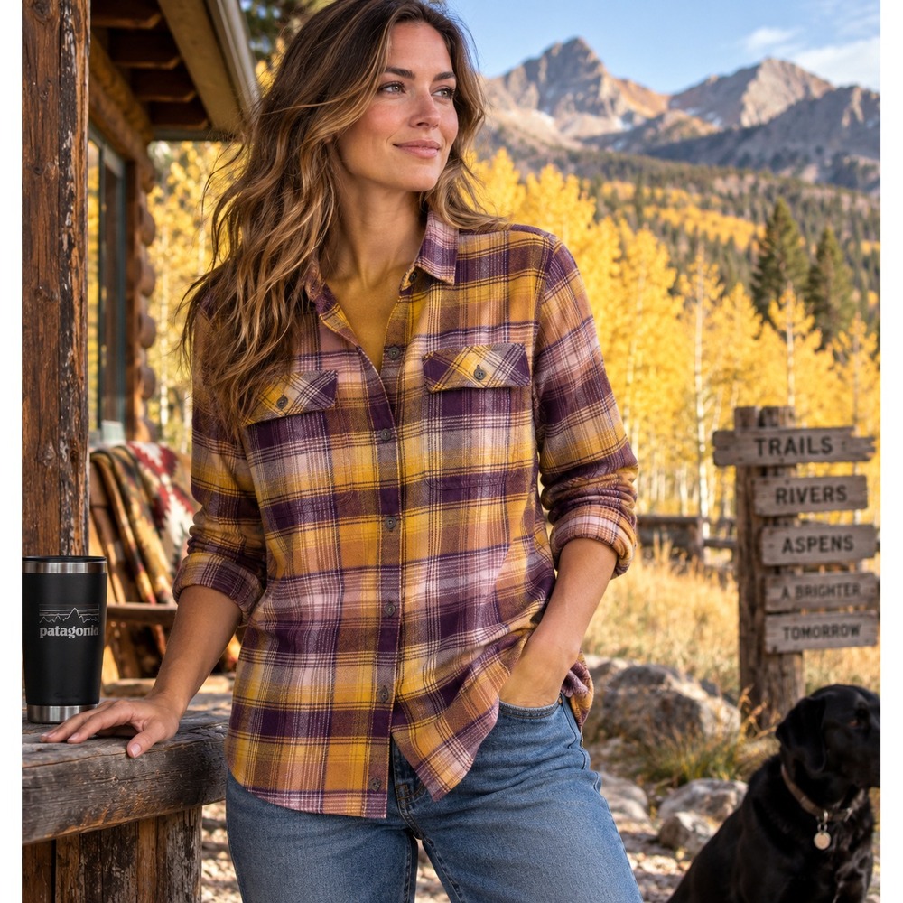 Patagonia Fjord Flannel Shirt Womens L Organic Cotton Plaid Purple Gold